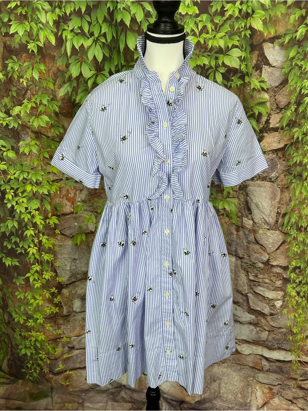 KATE SPADE Abuzz Poplin Blue and White Striped Bee Print Poplin Luxury Dress, XS